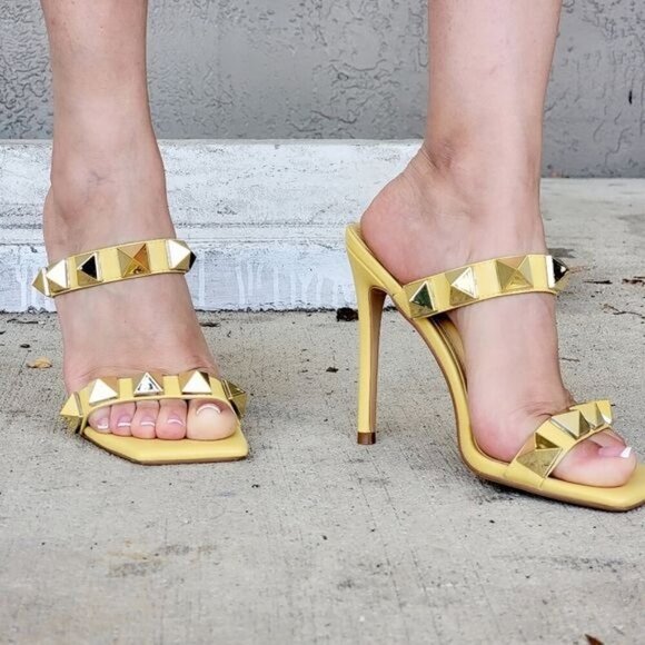 Women's Yellow Studded High Heel Square Open Toe Shoes - Picture 2 of 4